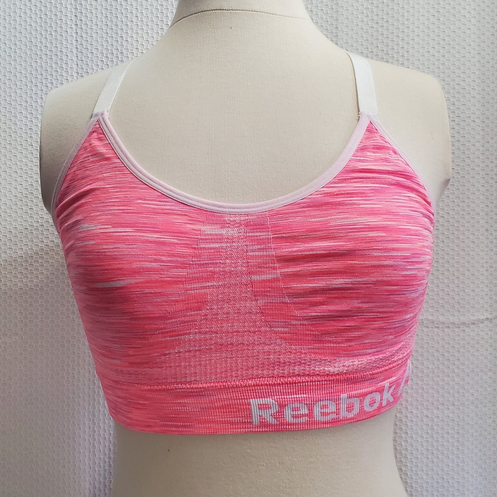 Reebok Pink Heathered Seamless Sports Bra with White Straps